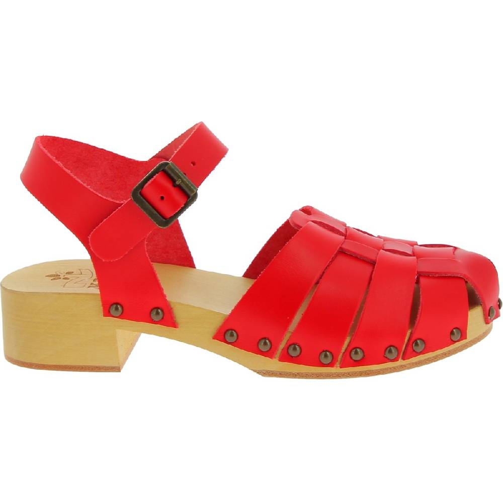 Lartigiano Del Cuoio Zoccoli da donna in legno artigianali con tomaia a gabbia in pelle rossa Spedizione Gratuita