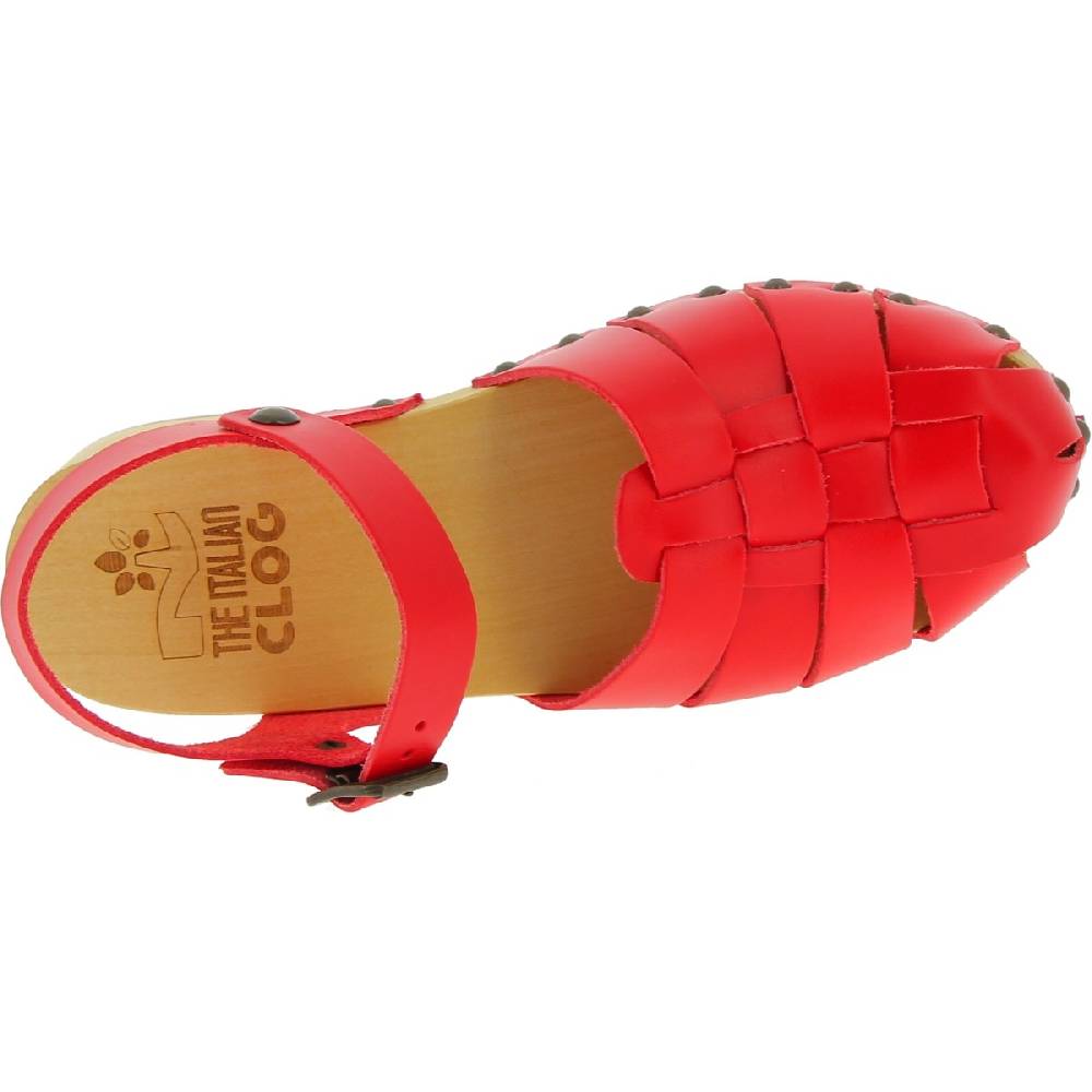 Lartigiano Del Cuoio Zoccoli da donna in legno artigianali con tomaia a gabbia in pelle rossa Spedizione Gratuita