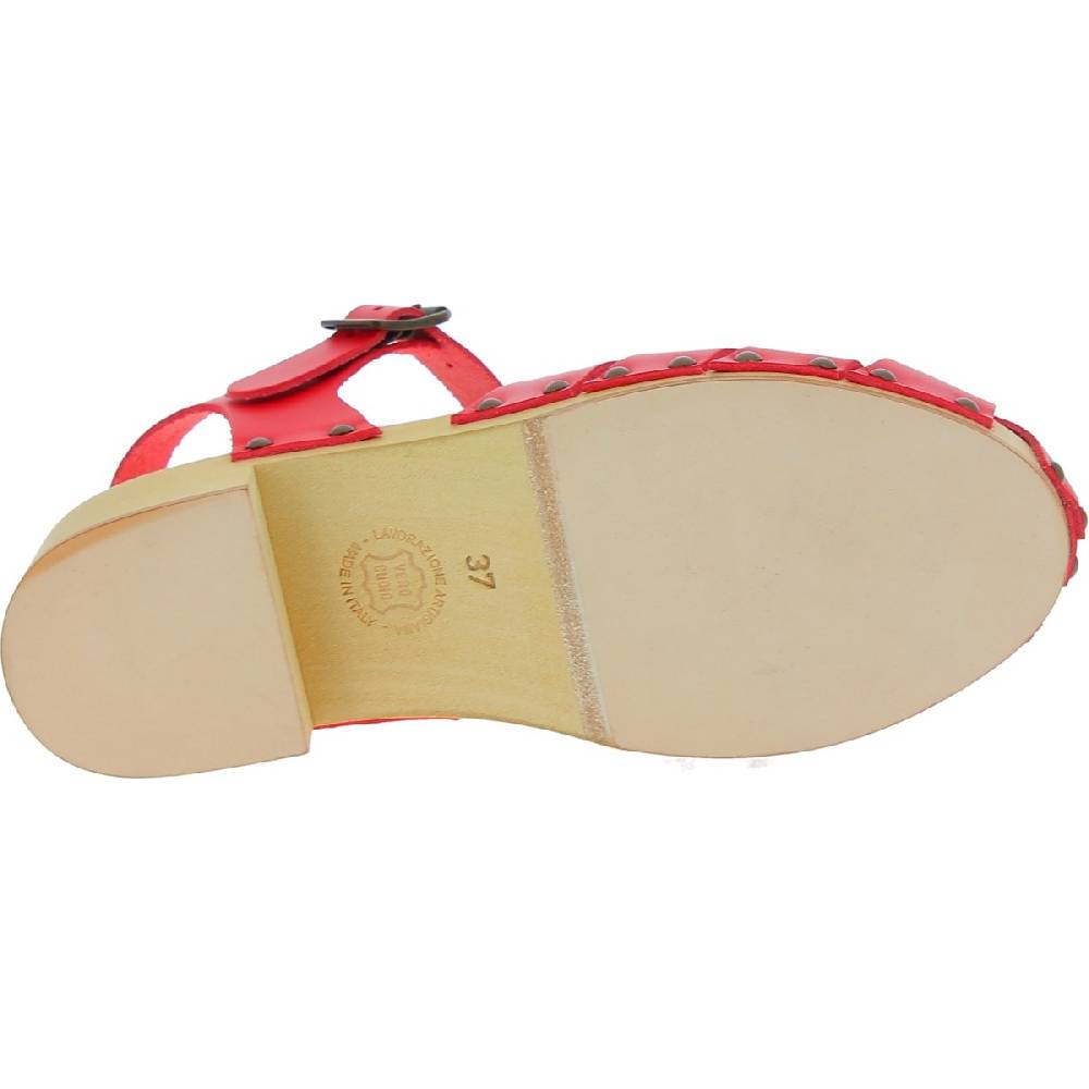 Lartigiano Del Cuoio Zoccoli da donna in legno artigianali con tomaia a gabbia in pelle rossa Spedizione Gratuita