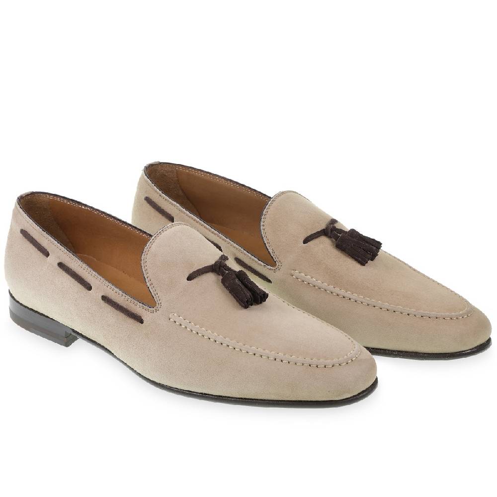 Lartigiano Del Cuoio Mocassino con nappine in pelle di camoscio beige fatto a mano da Fratelli Borgioli Sconto