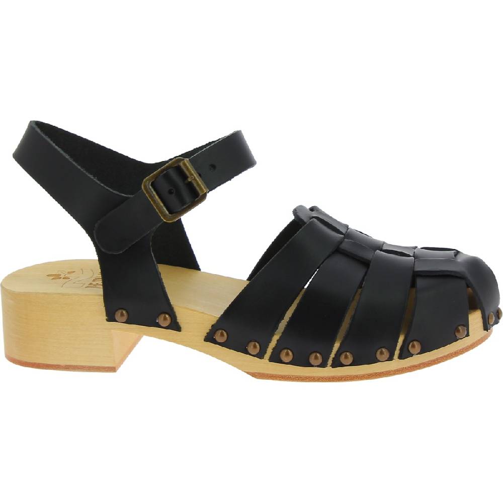 Lartigiano Del Cuoio Zoccoli in legno artigianali da donna con tomaia a gabbia in pelle nera Hotsell