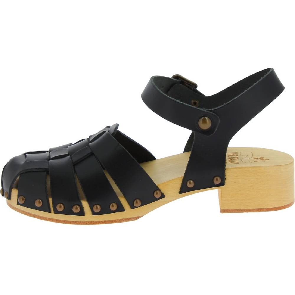 Lartigiano Del Cuoio Zoccoli in legno artigianali da donna con tomaia a gabbia in pelle nera Hotsell
