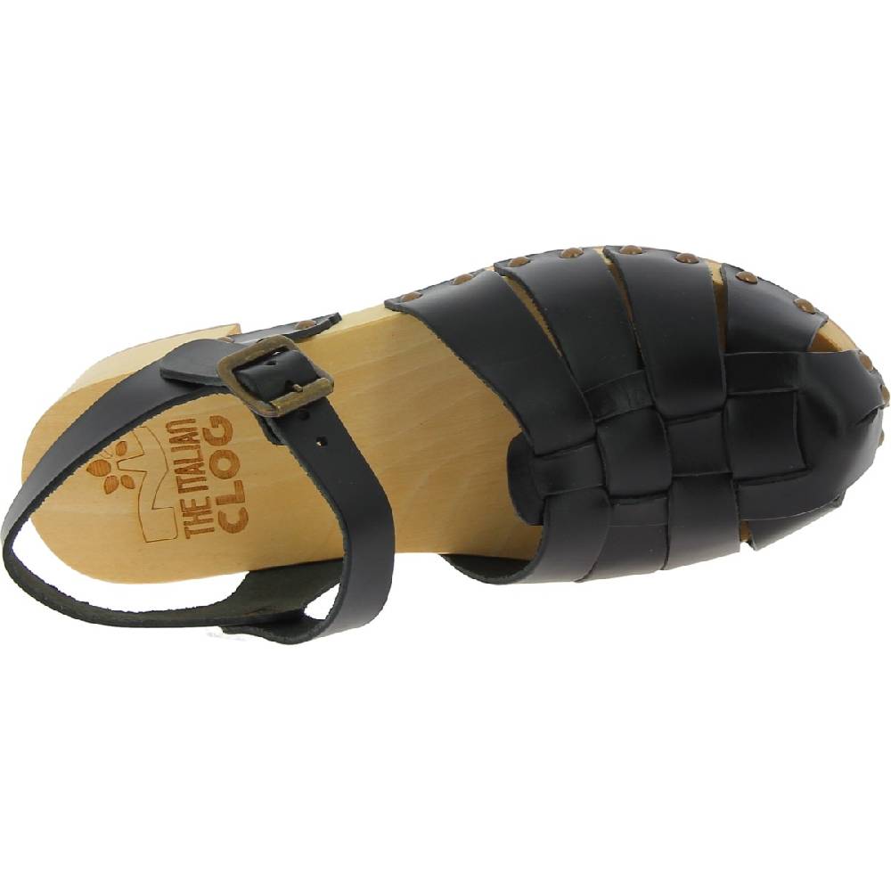 Lartigiano Del Cuoio Zoccoli in legno artigianali da donna con tomaia a gabbia in pelle nera Hotsell