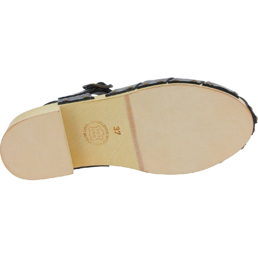 Lartigiano Del Cuoio Zoccoli in legno artigianali da donna con tomaia a gabbia in pelle nera Hotsell