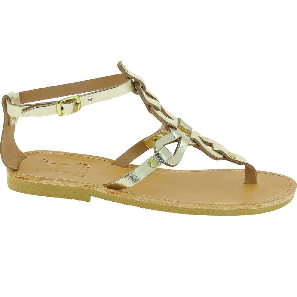 Lartigiano Del Cuoio Sandali infradito da donna con lacci incrociati fatti a mano in pelle di vitello laminata oro Vendita Economica