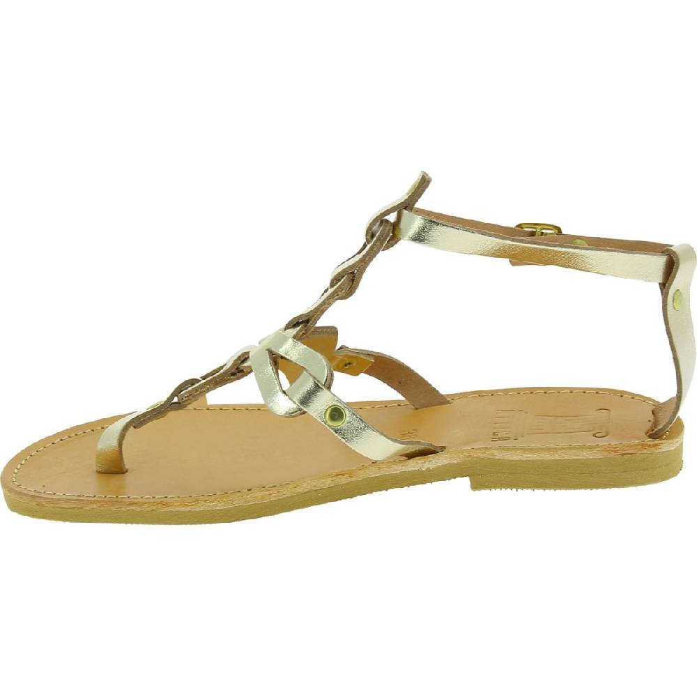 Lartigiano Del Cuoio Sandali infradito da donna con lacci incrociati fatti a mano in pelle di vitello laminata oro Vendita Economica