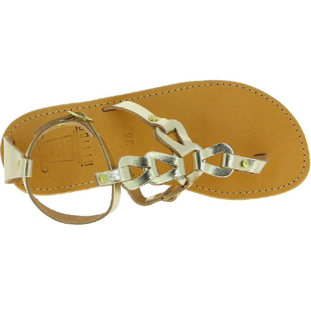 Lartigiano Del Cuoio Sandali infradito da donna con lacci incrociati fatti a mano in pelle di vitello laminata oro Vendita Economica