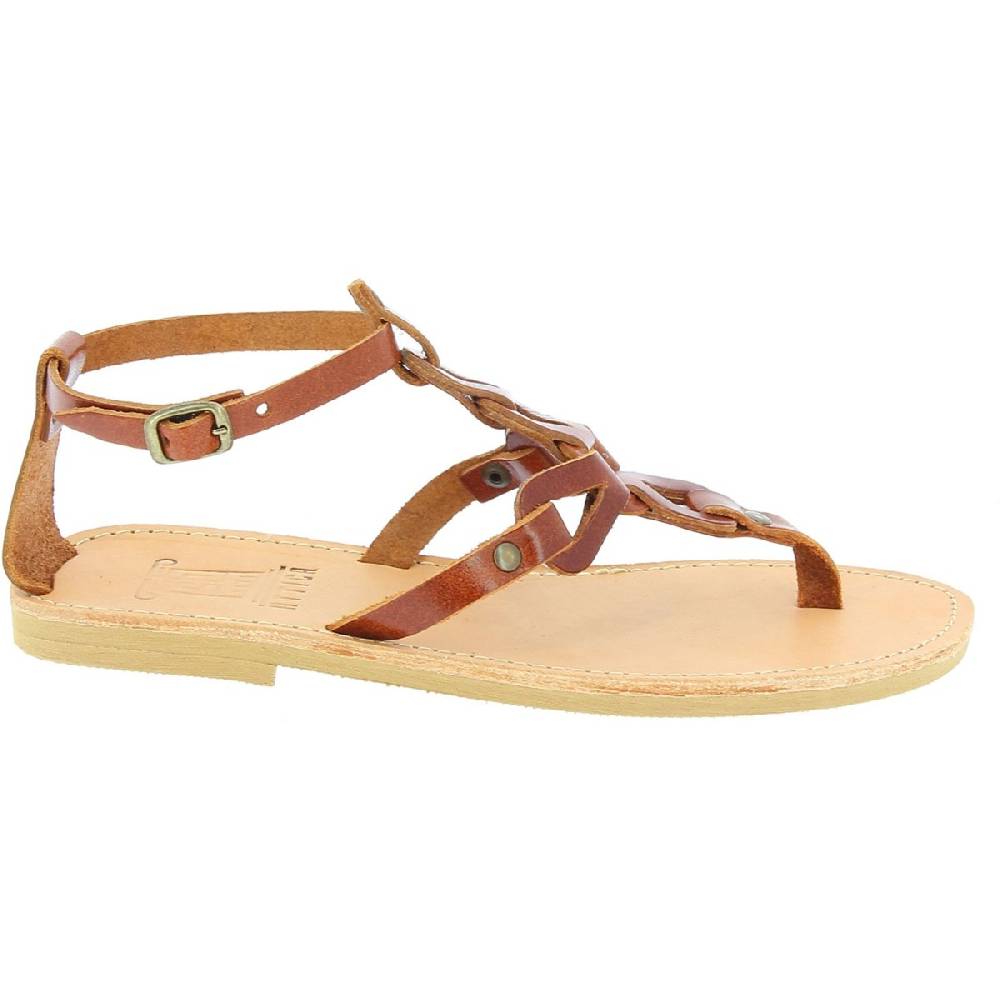 Lartigiano Del Cuoio Sandali infradito da donna con lacci incrociati fatti a mano in pelle di vitello marrone Saldi Di Fabbrica