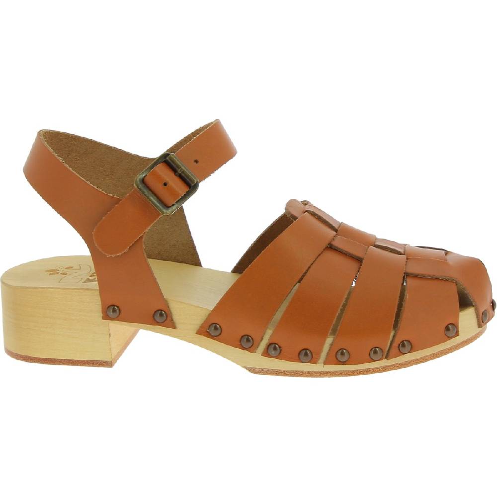 Lartigiano Del Cuoio Zoccoli donna in legno artigianali con tomaia a gabbia in pelle color cuoio Italia