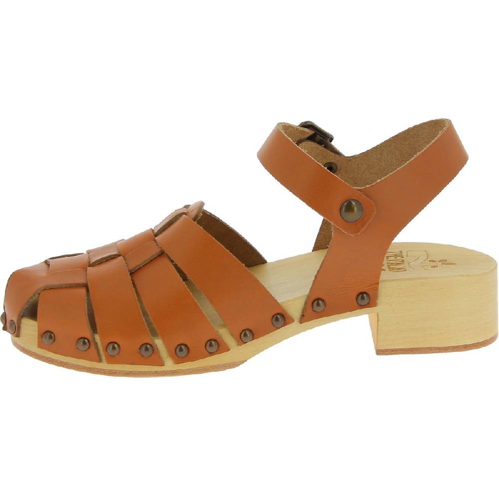 Lartigiano Del Cuoio Zoccoli donna in legno artigianali con tomaia a gabbia in pelle color cuoio Italia