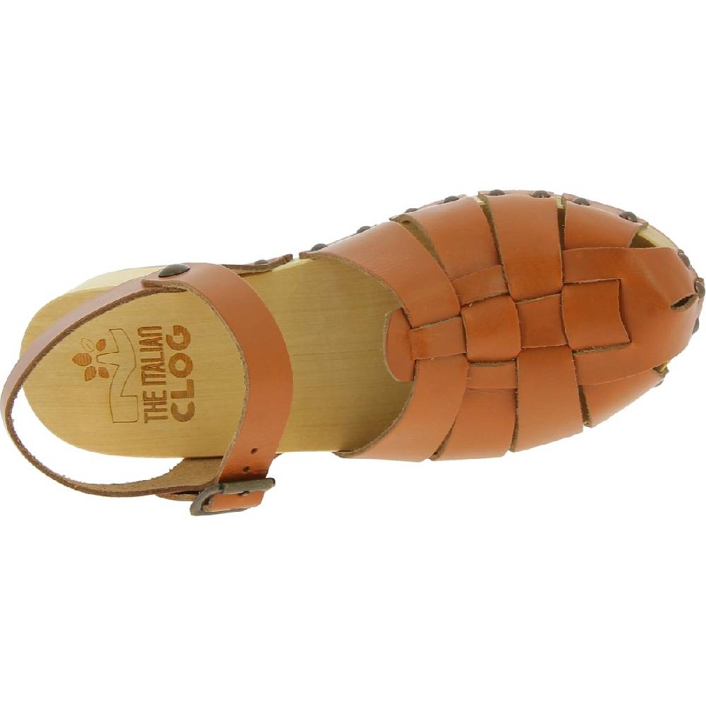 Lartigiano Del Cuoio Zoccoli donna in legno artigianali con tomaia a gabbia in pelle color cuoio Italia