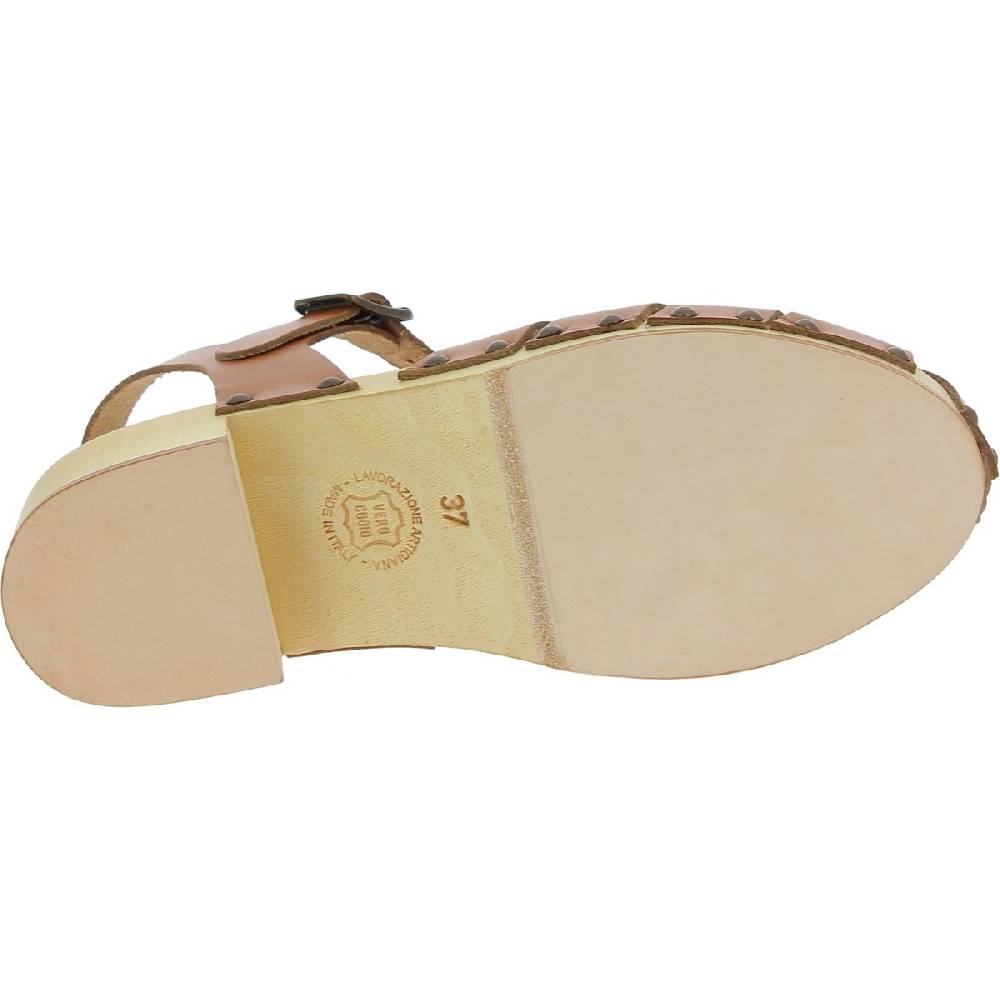 Lartigiano Del Cuoio Zoccoli donna in legno artigianali con tomaia a gabbia in pelle color cuoio Italia