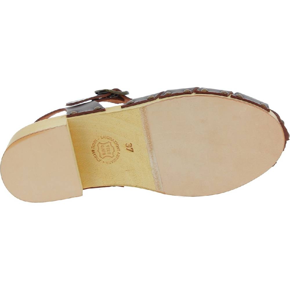 Lartigiano Del Cuoio Zoccoli donna artigianali in legno con tomaia a gabbia in pelle testa di moro Promozione