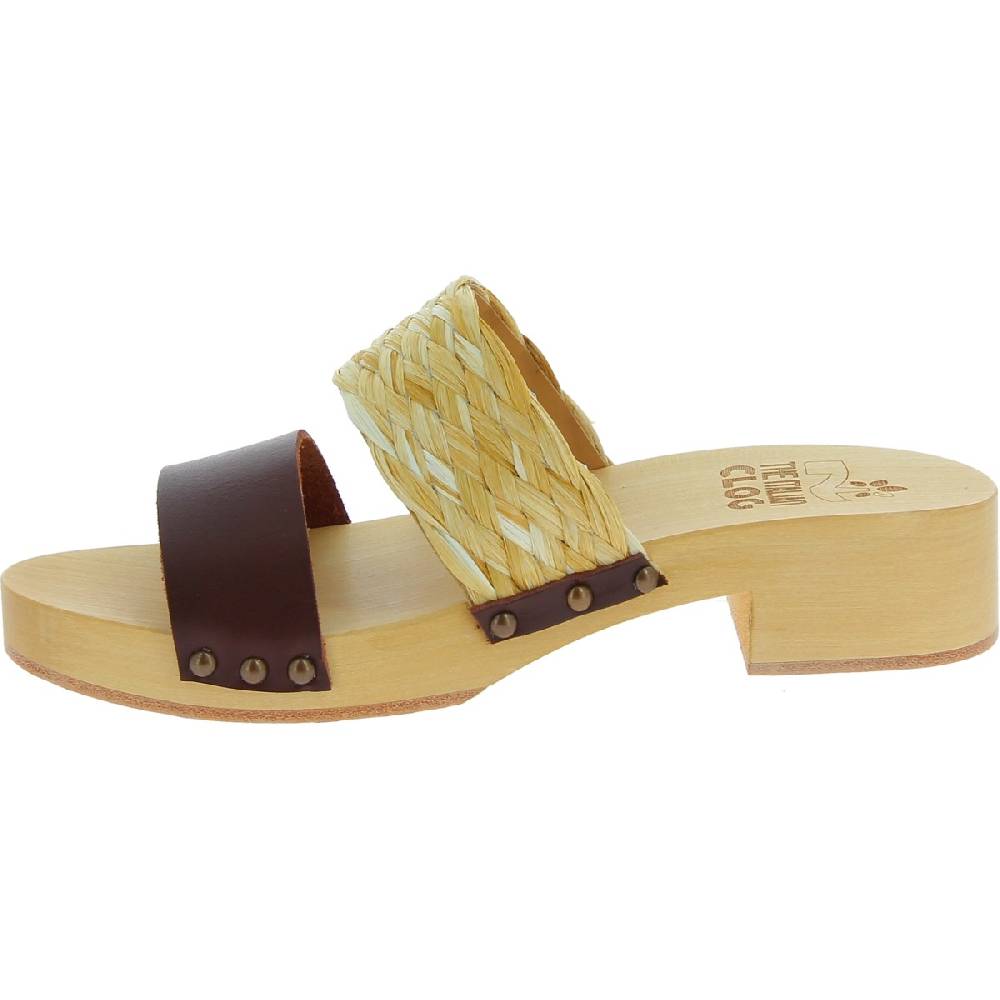 Lartigiano Del Cuoio Sabot in legno da donna artigianali con fascia in rafia e pelle testa di moro Italia