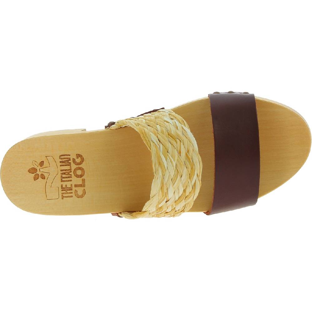 Lartigiano Del Cuoio Sabot in legno da donna artigianali con fascia in rafia e pelle testa di moro Italia