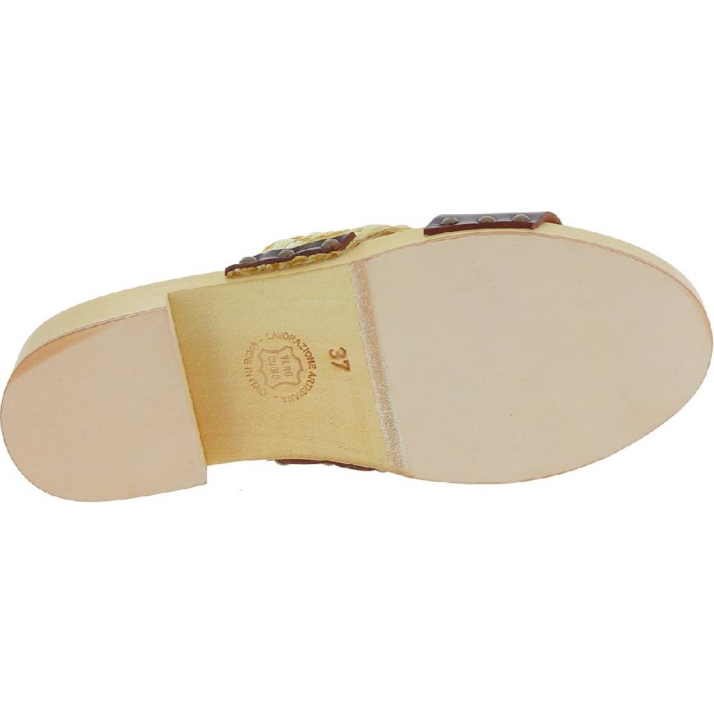 Lartigiano Del Cuoio Sabot in legno da donna artigianali con fascia in rafia e pelle testa di moro Italia