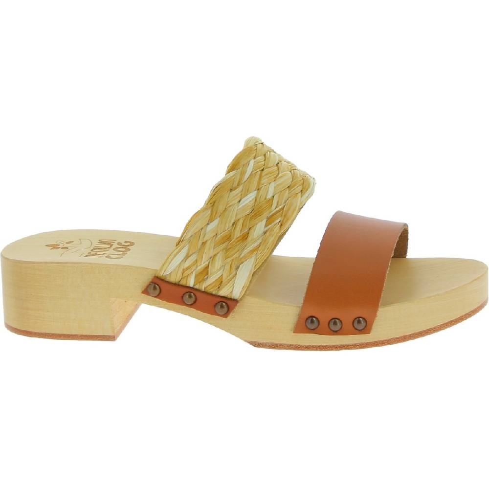 Lartigiano Del Cuoio Sabot in legno da donna artigianali con fascia in rafia e pelle color cuoio Soddisfazione Garantita