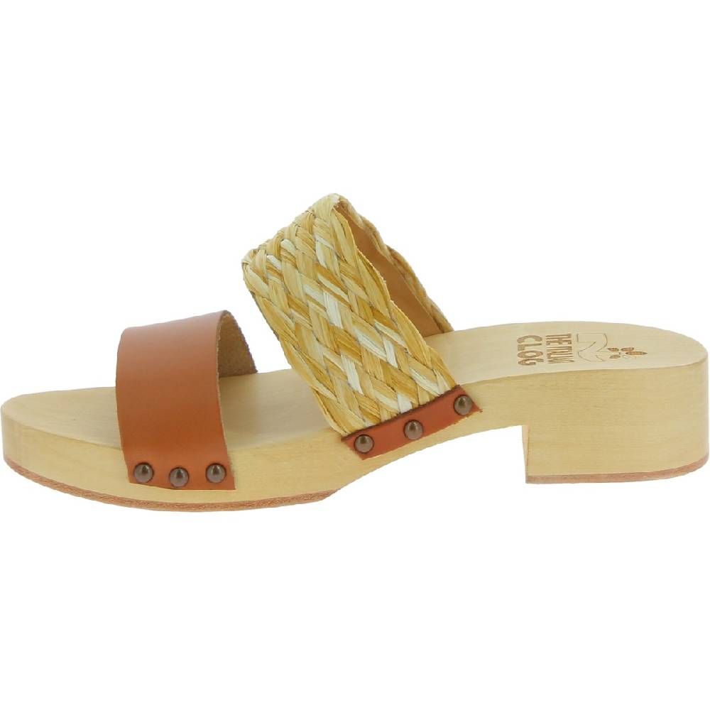 Lartigiano Del Cuoio Sabot in legno da donna artigianali con fascia in rafia e pelle color cuoio Soddisfazione Garantita