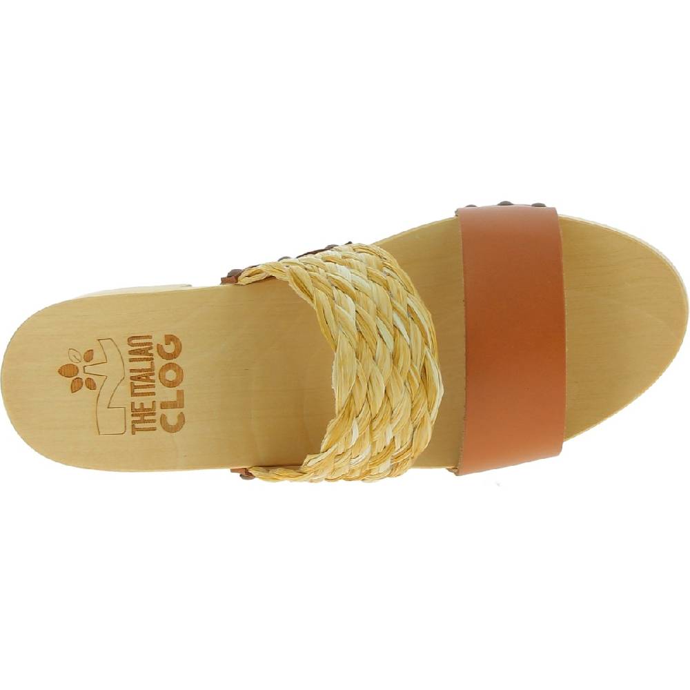 Lartigiano Del Cuoio Sabot in legno da donna artigianali con fascia in rafia e pelle color cuoio Soddisfazione Garantita