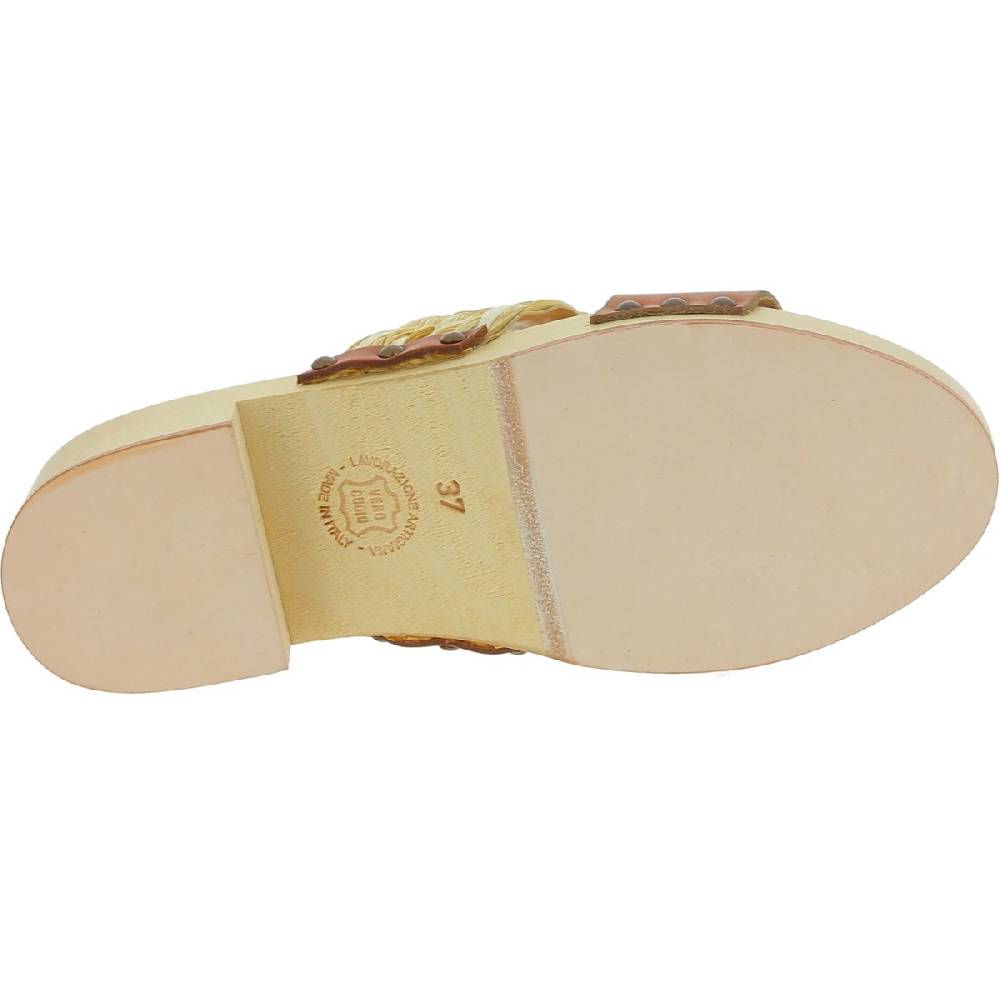 Lartigiano Del Cuoio Sabot in legno da donna artigianali con fascia in rafia e pelle color cuoio Soddisfazione Garantita