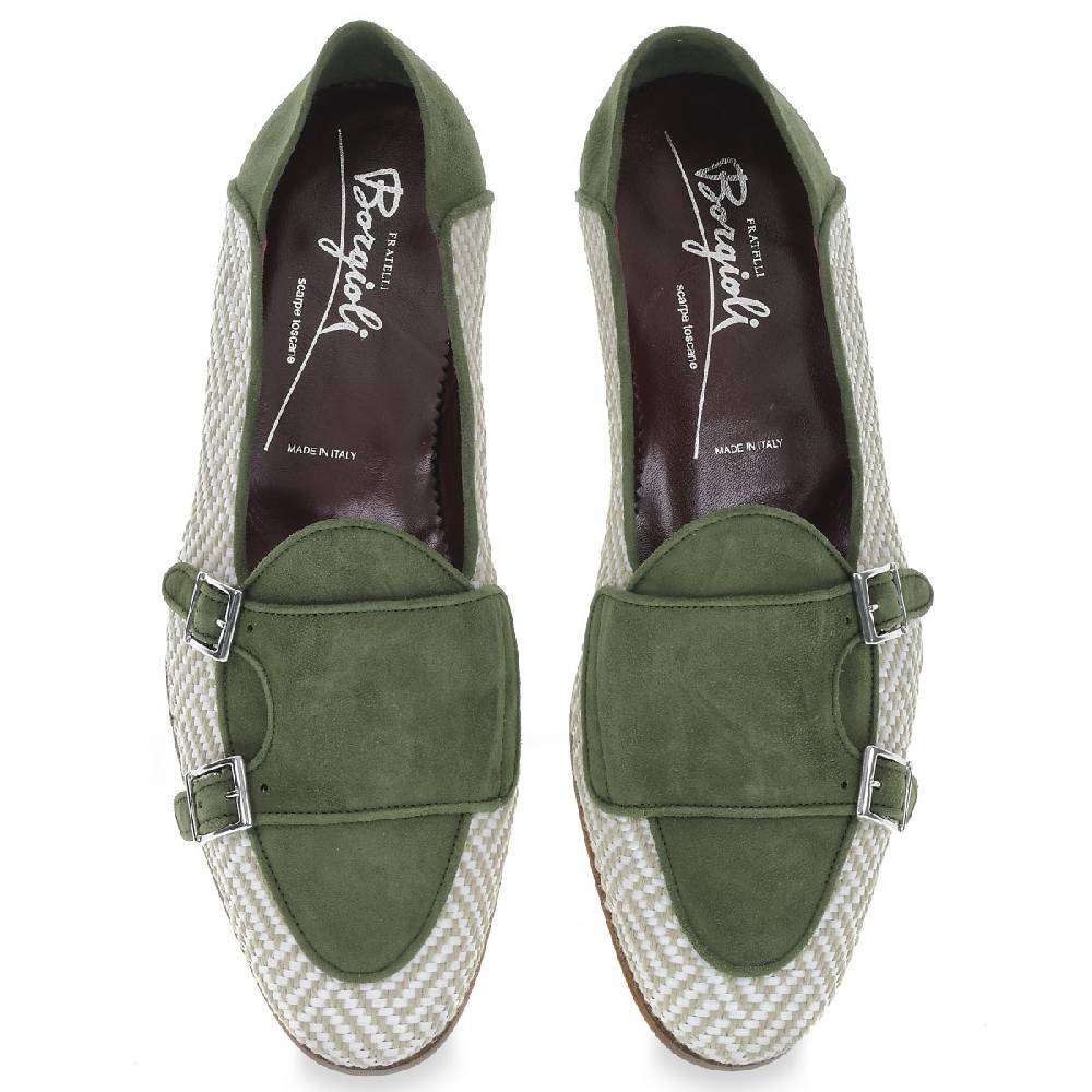 Lartigiano Del Cuoio Mocassino doppia fibbia in camoscio verde e tessuto intrecciato - Fratelli Borgioli Negozio