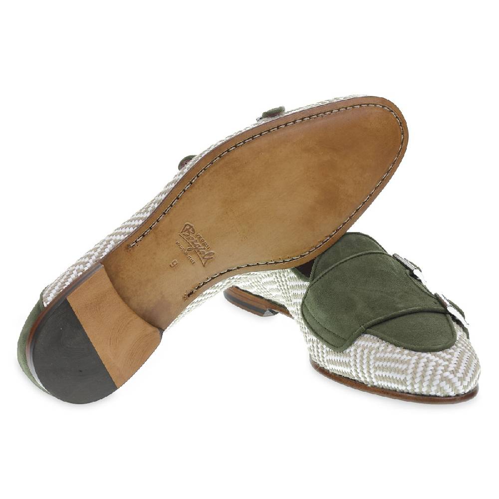 Lartigiano Del Cuoio Mocassino doppia fibbia in camoscio verde e tessuto intrecciato - Fratelli Borgioli Negozio