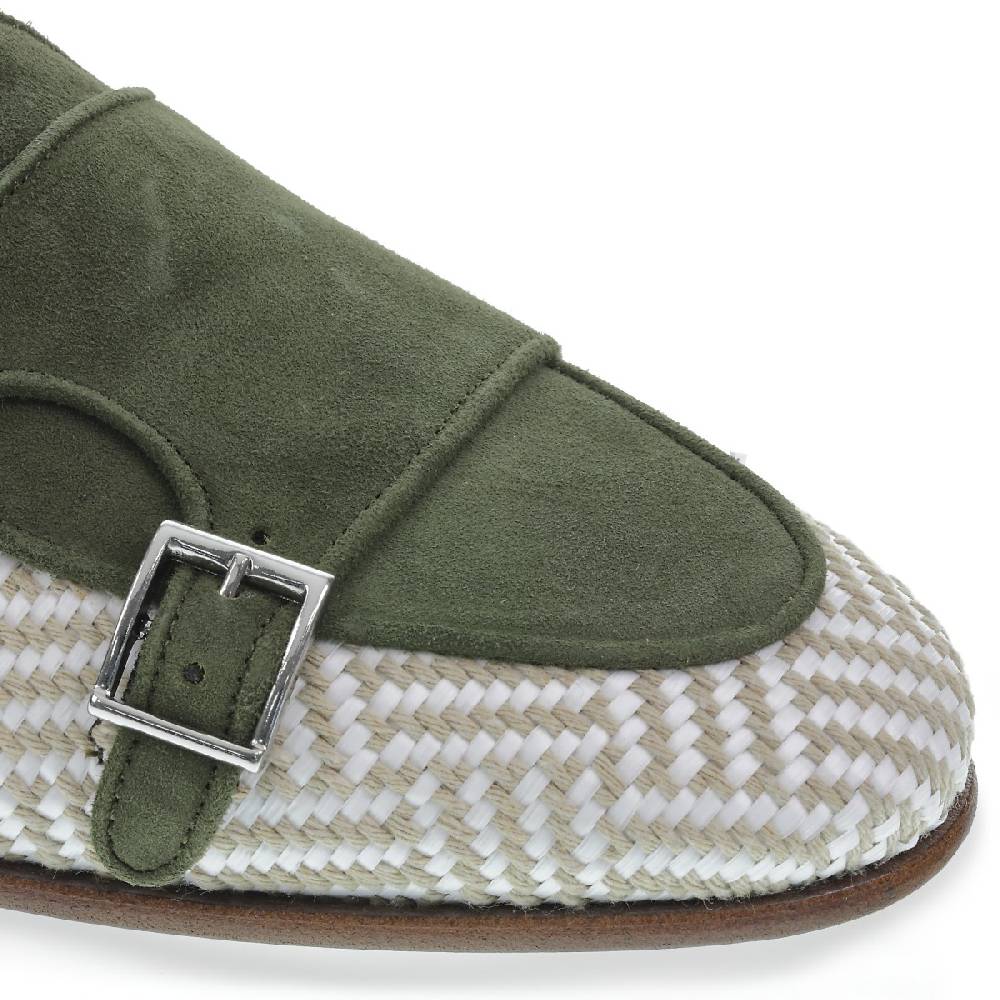 Lartigiano Del Cuoio Mocassino doppia fibbia in camoscio verde e tessuto intrecciato - Fratelli Borgioli Negozio