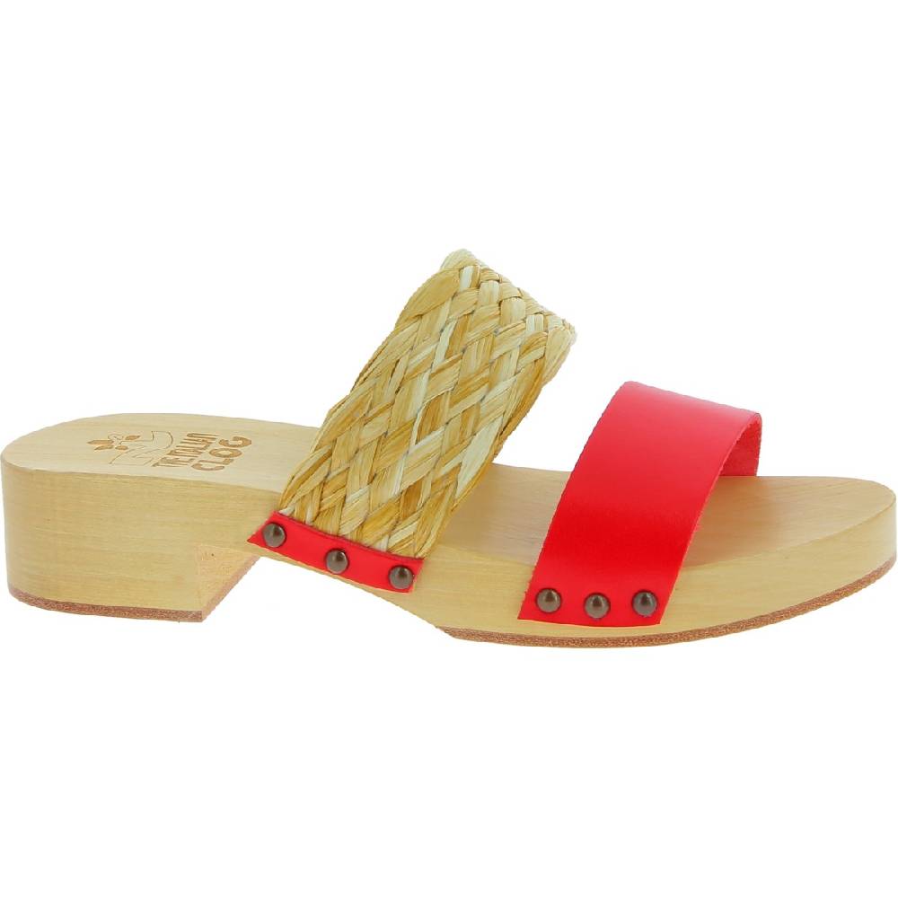 Lartigiano Del Cuoio Sabot in legno da donna artigianali con fascia in rafia e pelle rossa Offerta per la Festa della Mamma