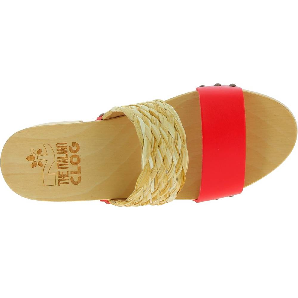 Lartigiano Del Cuoio Sabot in legno da donna artigianali con fascia in rafia e pelle rossa Offerta per la Festa della Mamma