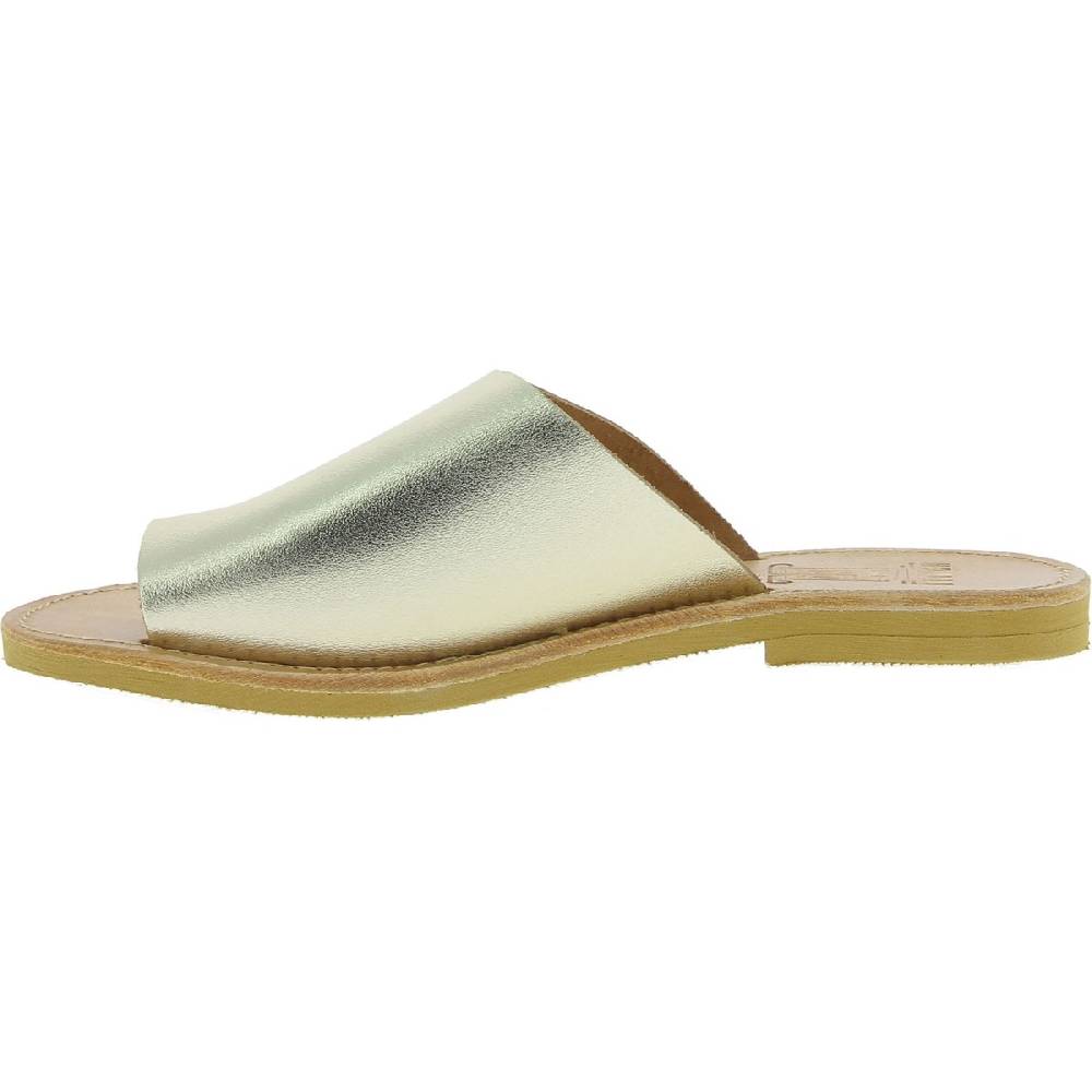 Lartigiano Del Cuoio Sandali infradito slip-on da donna fatti a mano in pelle di vitello laminata oro Vendita calda