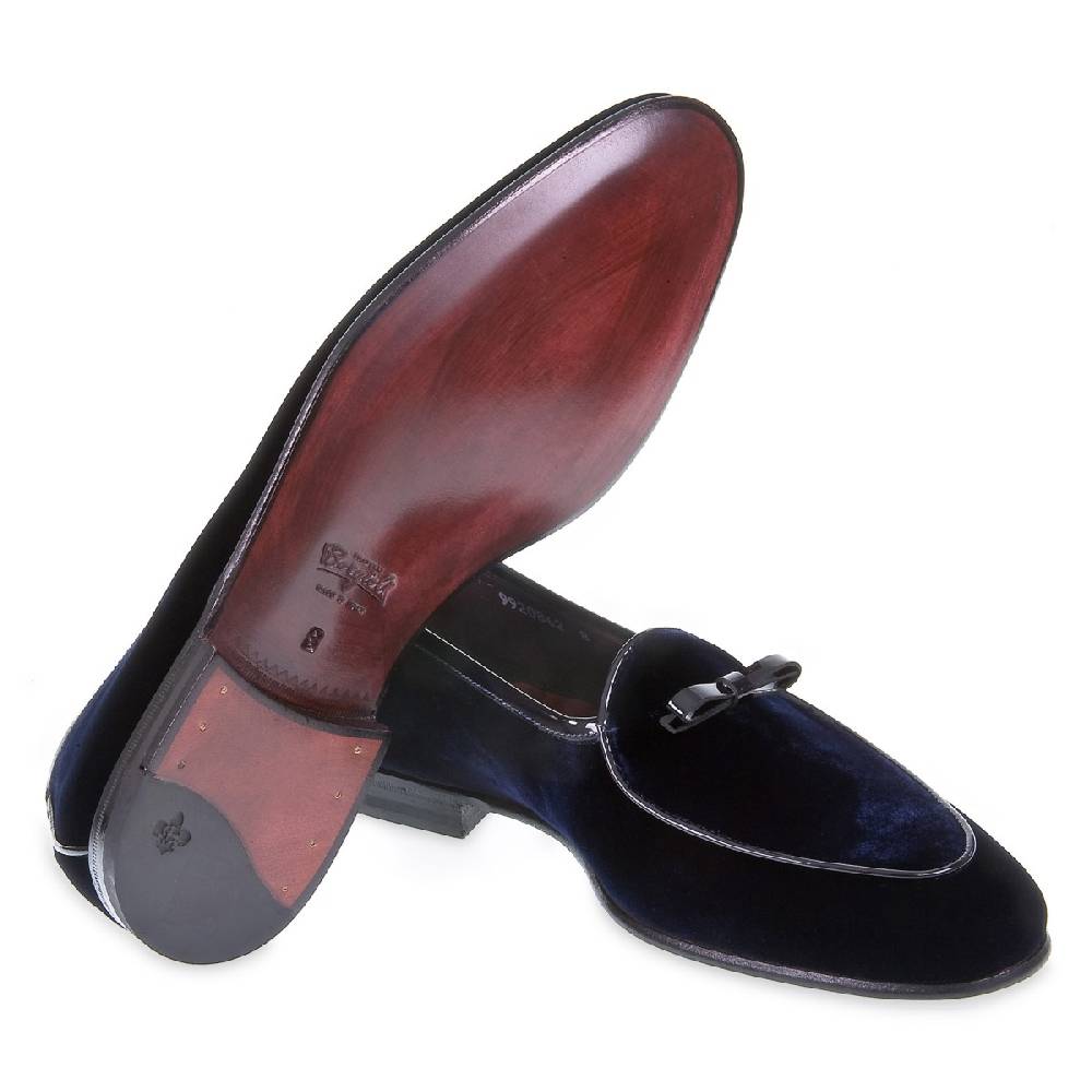 Lartigiano Del Cuoio Mocassino belga in velluto blu scuro e vernice fatto a mano da Fratelli Borgioli Fino al 50% di sconto