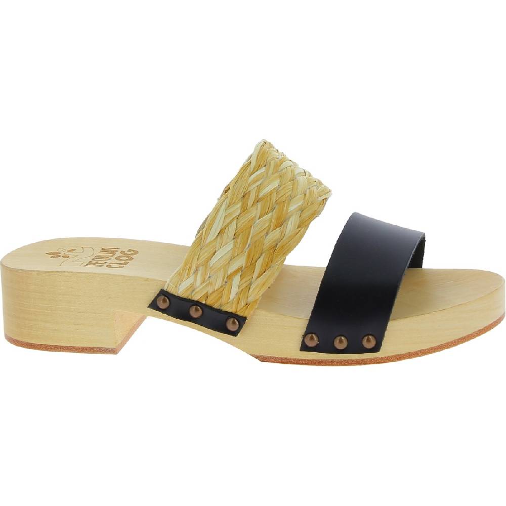 Lartigiano Del Cuoio Sabot da donna in legno artigianali con fascia in rafia e pelle nero Solo un giorno rimasto
