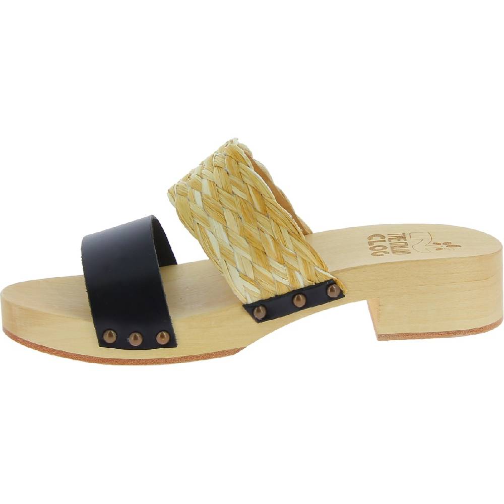 Lartigiano Del Cuoio Sabot da donna in legno artigianali con fascia in rafia e pelle nero Solo un giorno rimasto