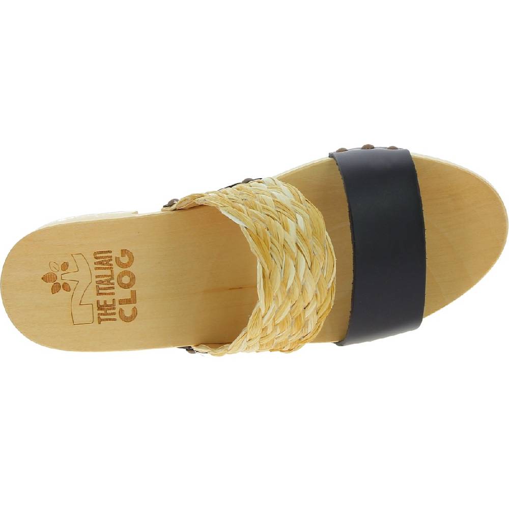 Lartigiano Del Cuoio Sabot da donna in legno artigianali con fascia in rafia e pelle nero Solo un giorno rimasto