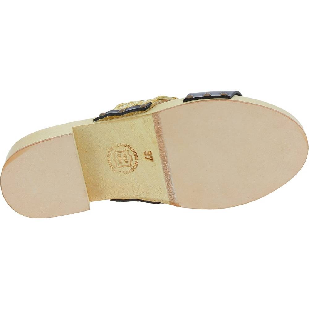 Lartigiano Del Cuoio Sabot da donna in legno artigianali con fascia in rafia e pelle nero Solo un giorno rimasto