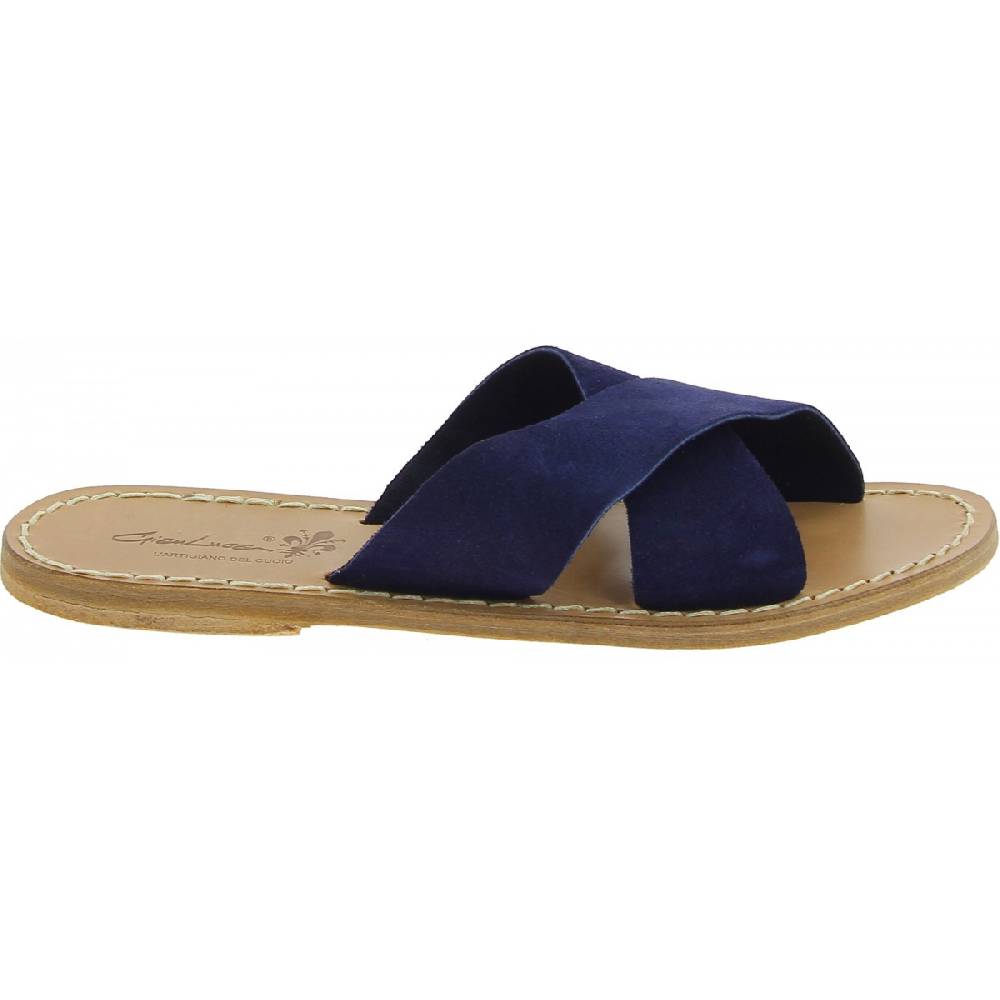 Lartigiano Del Cuoio Ciabatte donna in pelle nabuk blu fatte a mano Officina