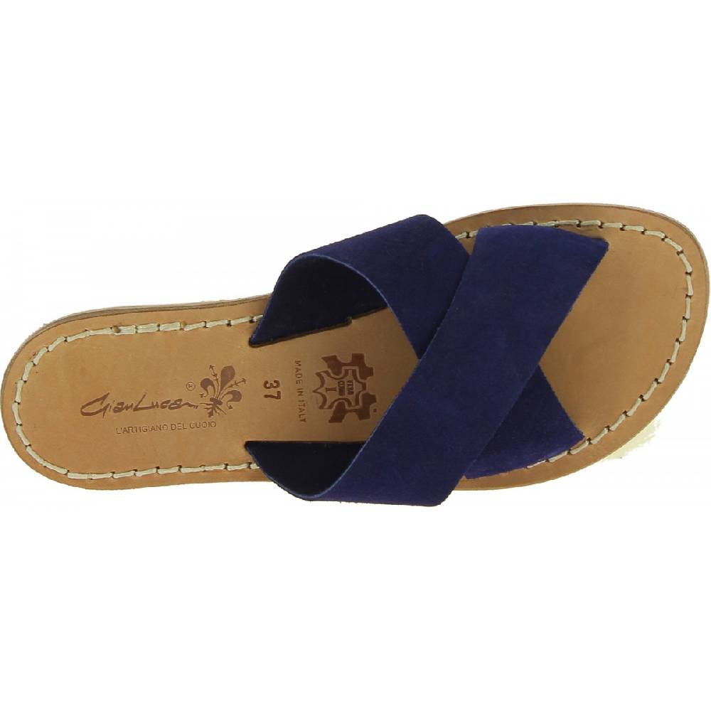 Lartigiano Del Cuoio Ciabatte donna in pelle nabuk blu fatte a mano Officina