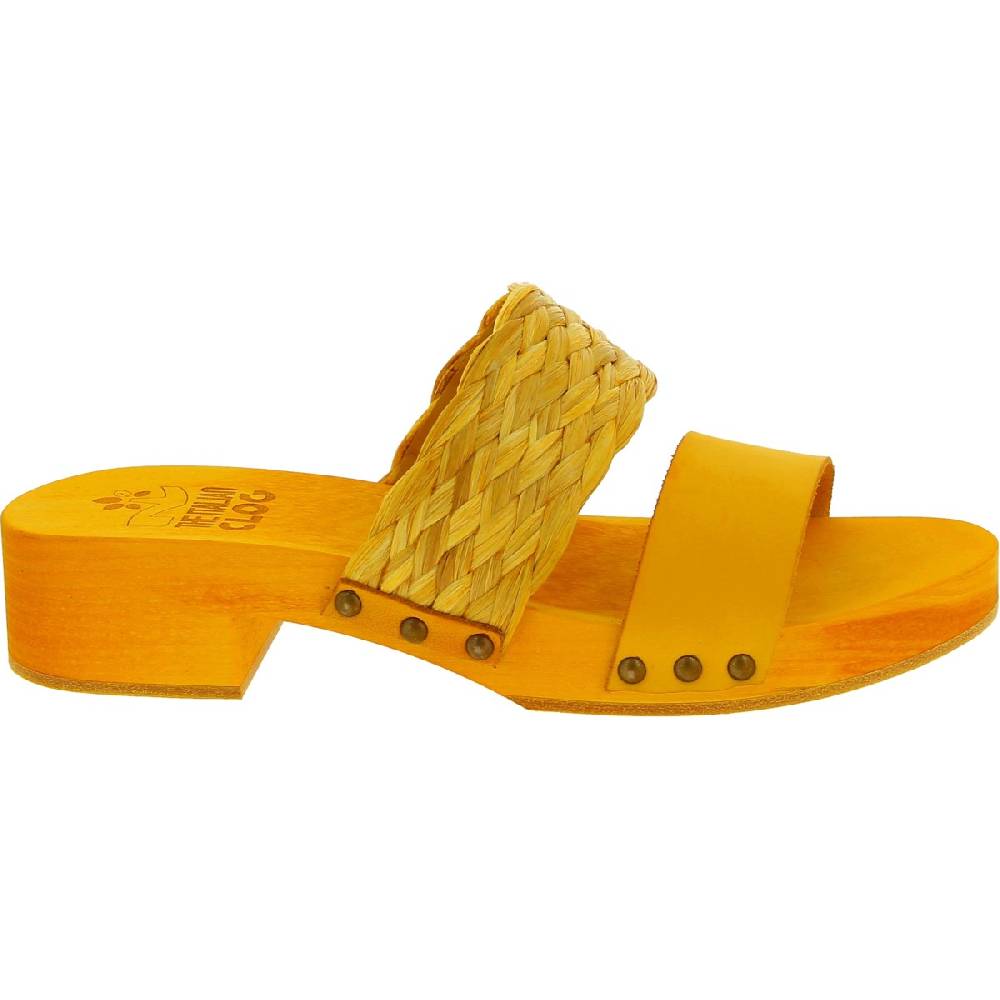 Lartigiano Del Cuoio Sabot da donna giallo in legno artigianali con fascia in rafia e pelle Esporta salva