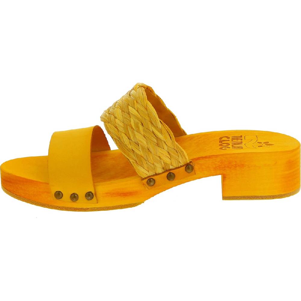 Lartigiano Del Cuoio Sabot da donna giallo in legno artigianali con fascia in rafia e pelle Esporta salva