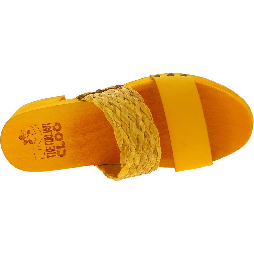 Lartigiano Del Cuoio Sabot da donna giallo in legno artigianali con fascia in rafia e pelle Esporta salva