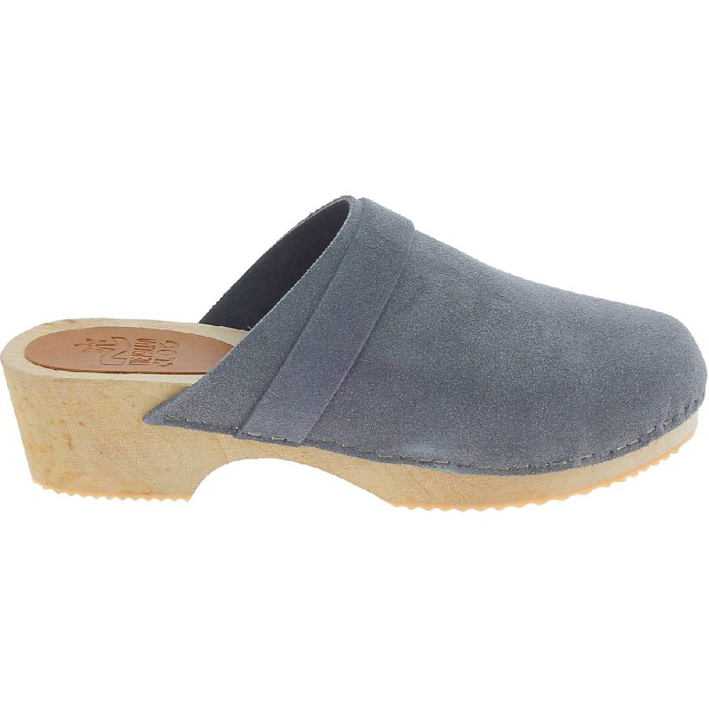 Lartigiano Del Cuoio Zoccoli in legno da donna con tomaia chiusa in pelle scamosciata grigia In vendita