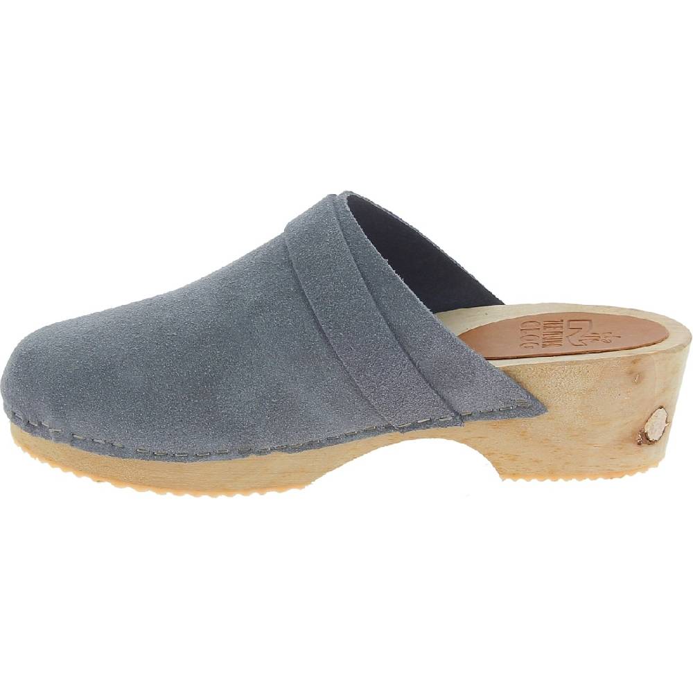 Lartigiano Del Cuoio Zoccoli in legno da donna con tomaia chiusa in pelle scamosciata grigia In vendita