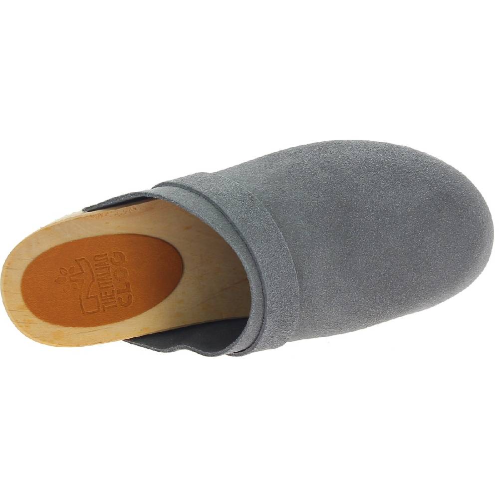 Lartigiano Del Cuoio Zoccoli in legno da donna con tomaia chiusa in pelle scamosciata grigia In vendita