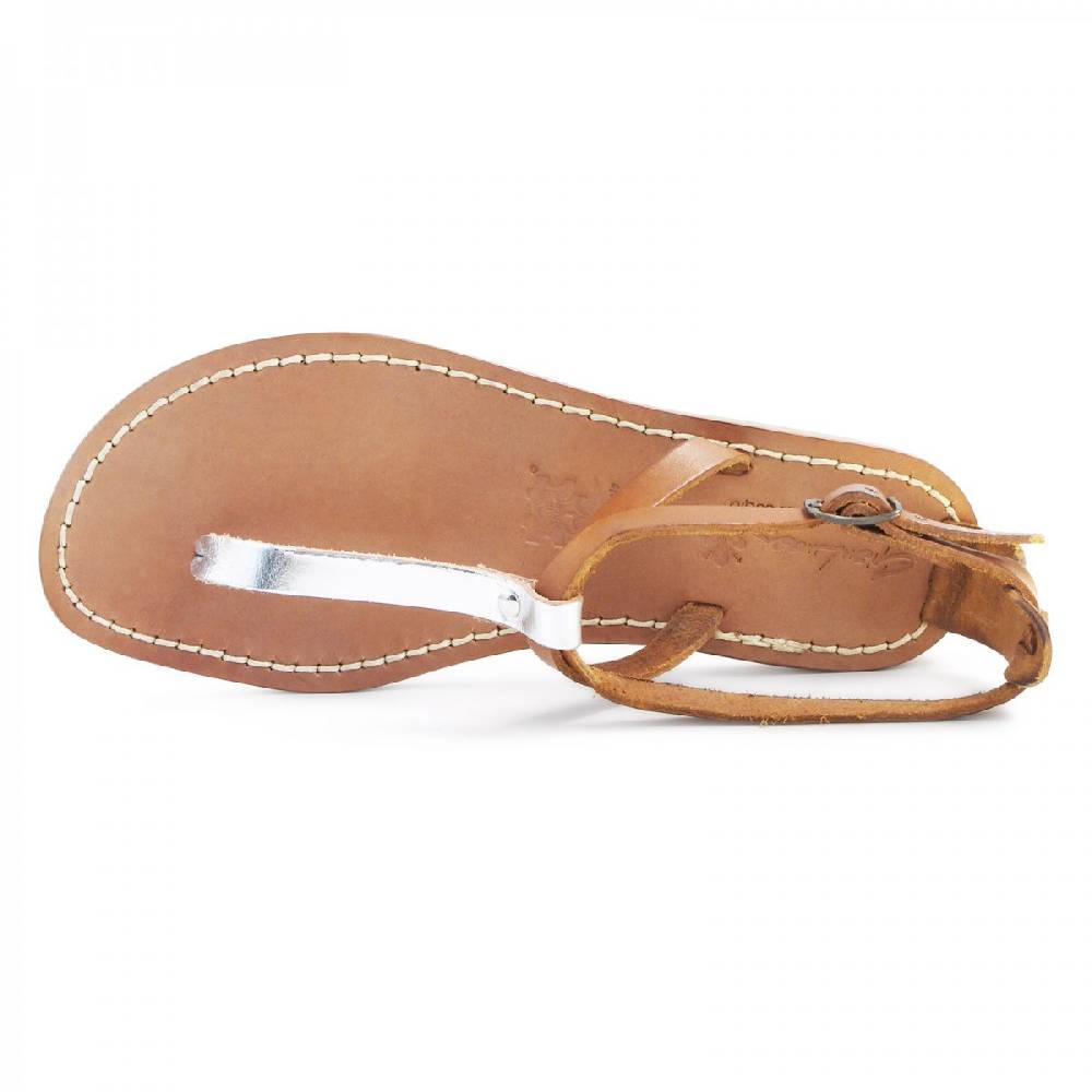 Lartigiano Del Cuoio Sandali infradito donna in pelle bicolore cuoio e argento Promozione