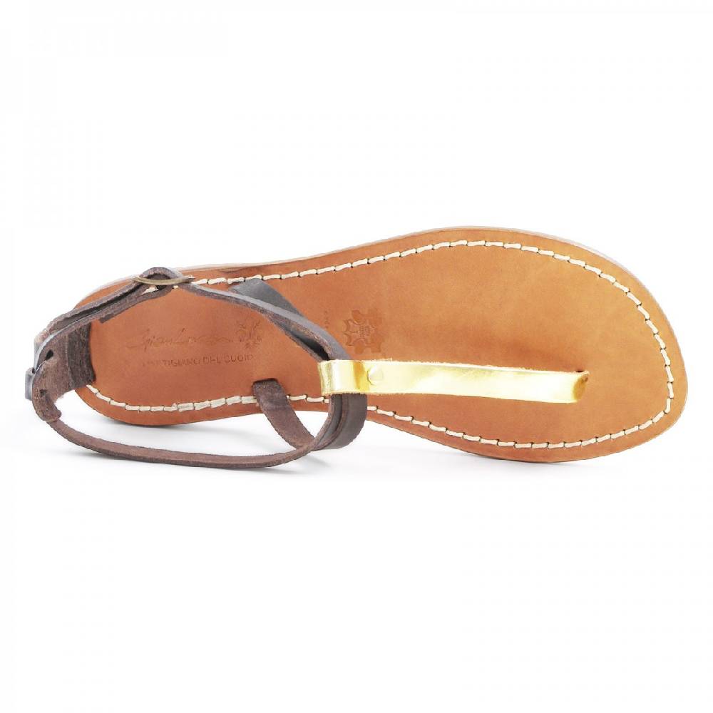 Lartigiano Del Cuoio Sandali infradito donna in pelle bicolore marrone e oro Spedizione Gratuita