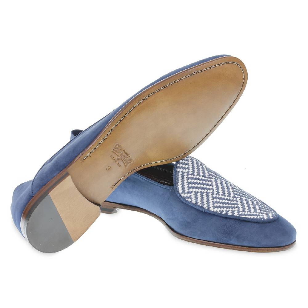 Lartigiano Del Cuoio Mocassino in camoscio azzurro e tessuto intrecciato fatto a mano Acquista Ora