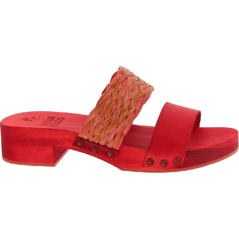Lartigiano Del Cuoio Sabot da donna rosso in legno artigianali con fascia in rafia e pelle In Vendita