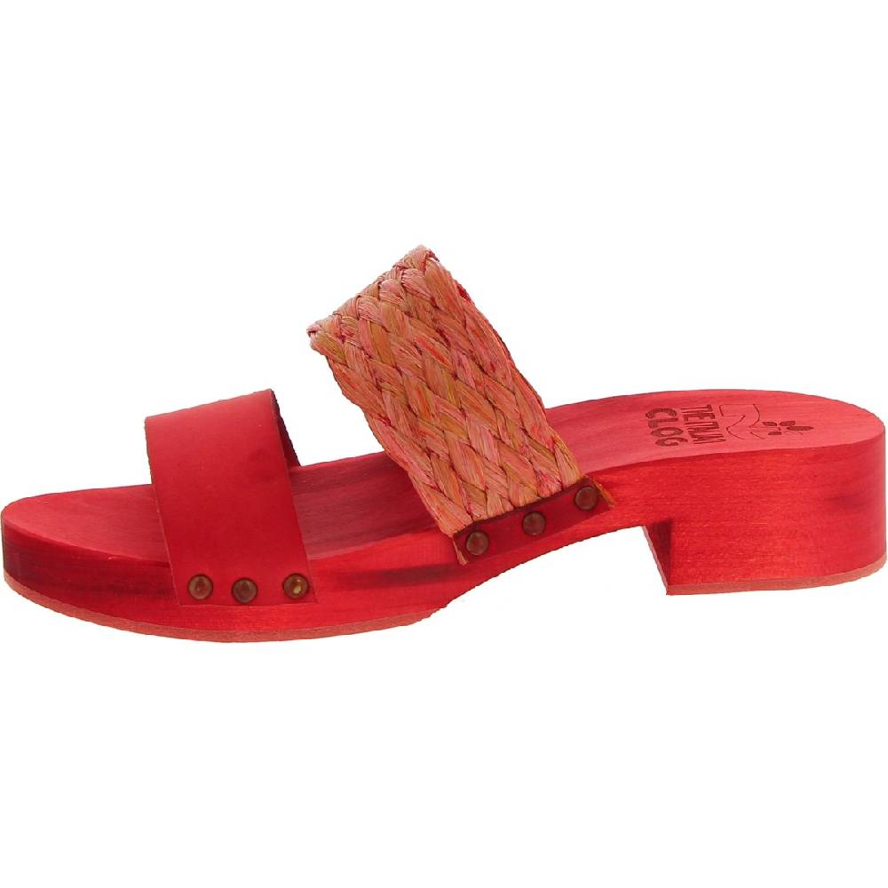 Lartigiano Del Cuoio Sabot da donna rosso in legno artigianali con fascia in rafia e pelle In Vendita