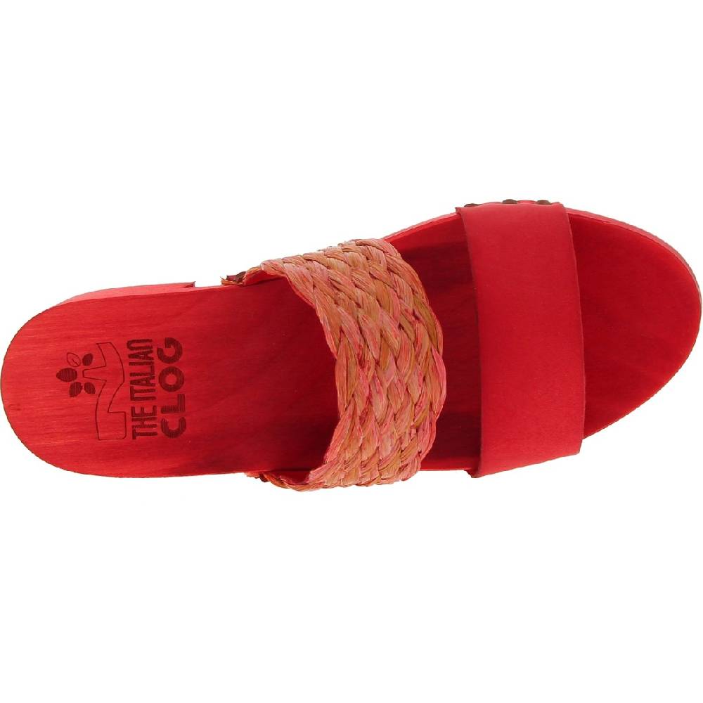Lartigiano Del Cuoio Sabot da donna rosso in legno artigianali con fascia in rafia e pelle In Vendita