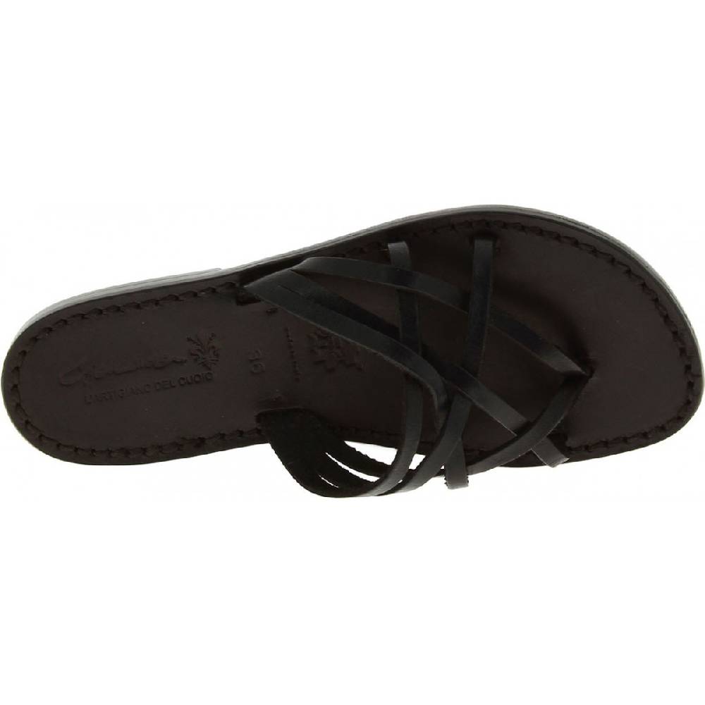 Lartigiano Del Cuoio Ciabatte da donna fatte a mano in pelle intrecciata nero con suola in cuoio Vendita Calda